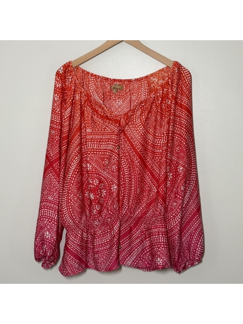 Ellen Tracy XL Red Pink Paisley Boho Peasant Blouse Balloon Sleeve